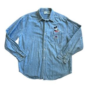 The Disney store Blue Men's Casual denim jeans embroidered Mickey Shirt Sz L